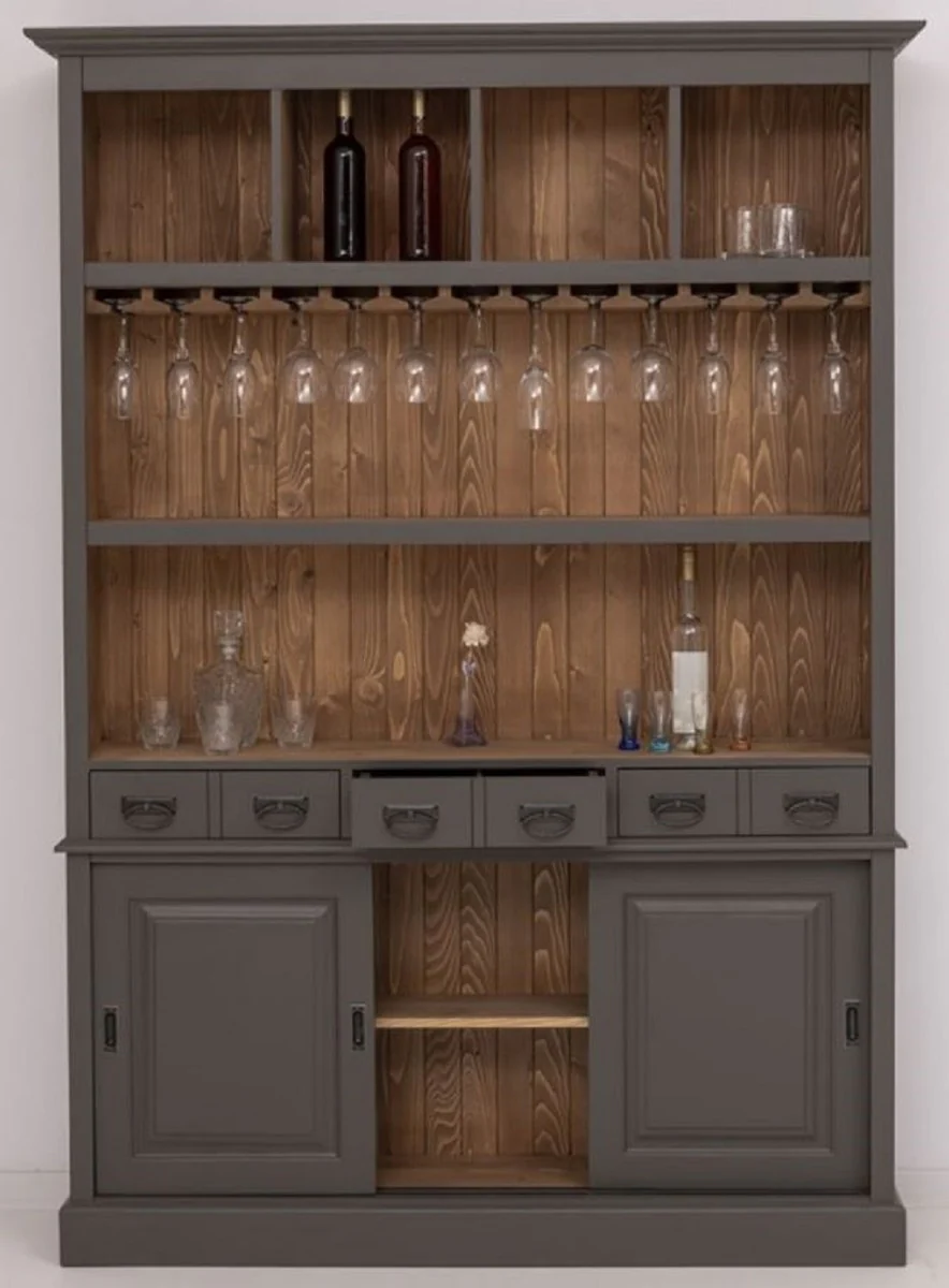 Country house style solid wood bar cabinet dark gray / brown 151 x 36 x H. 210 cm - Solid wood wine cabinet in country house style - Solid wood bar furniture - Country house style bar furniture