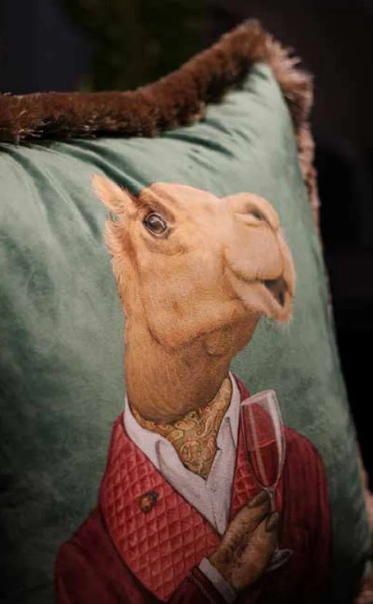 Luxury decorative cushion gentleman camel green / multicolored / brown 45 x 45 cm - printed velvet cushion with fringes - luxury quality