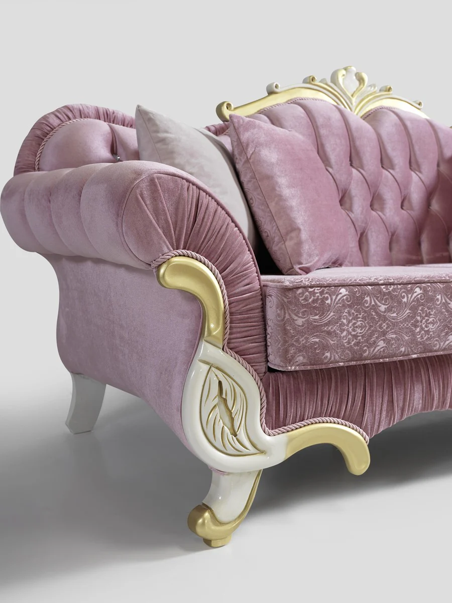 Baroque living room sofa with glittering stones pink / white / gold 228 x 105 x H. 85 cm - noble & magnificent