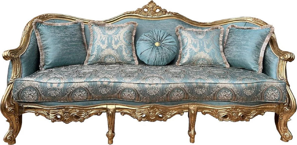 Luxury Baroque Living Room Set Turquoise Pattern / Gold - 2 Baroque Sofas & 2 Baroque Armchairs & 1 Baroque Coffee Table - Luxury Living Room Furniture in Baroque Style - Baroque Furniture - Noble & Magnificent