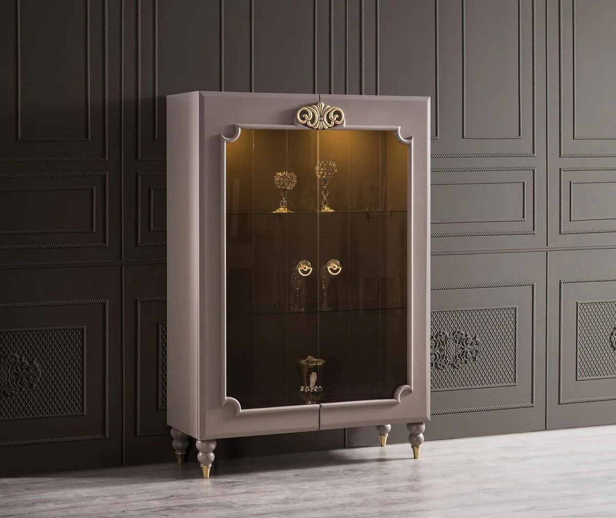 Luxury baroque display cabinet gray / gold 116 x 45 x H. 170 cm - Illuminated solid wood display cabinet with 2 glass doors - Elegant baroque furniture