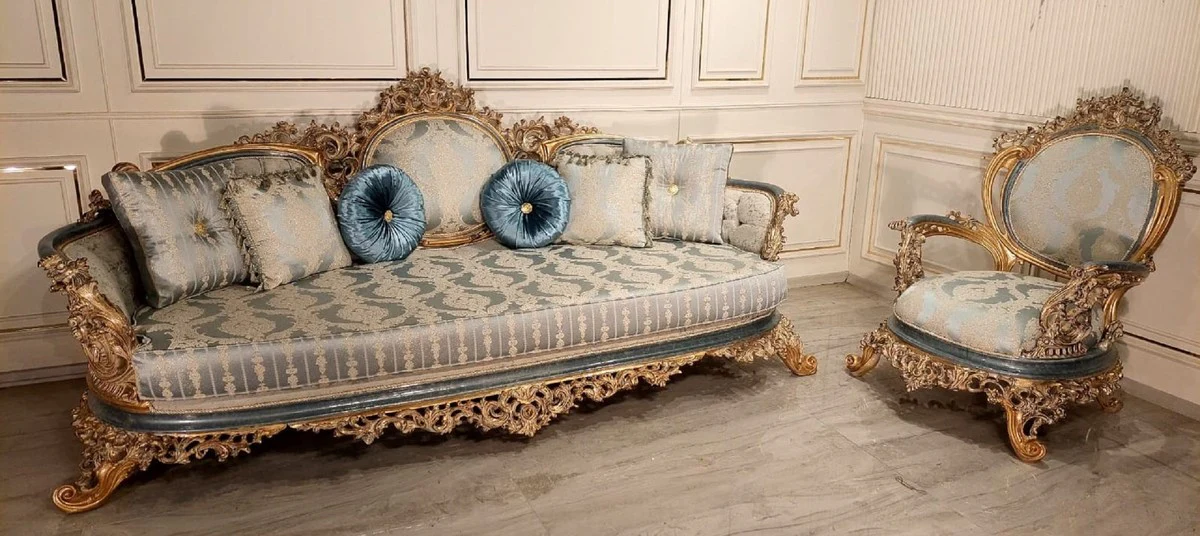 Luxury Baroque Living Room Sofa Turquoise / Cream / Gold - Handmade Baroque Style Sofa - Luxury Living Room Furniture in Baroque Style - Baroque Furniture - Noble & Magnificent