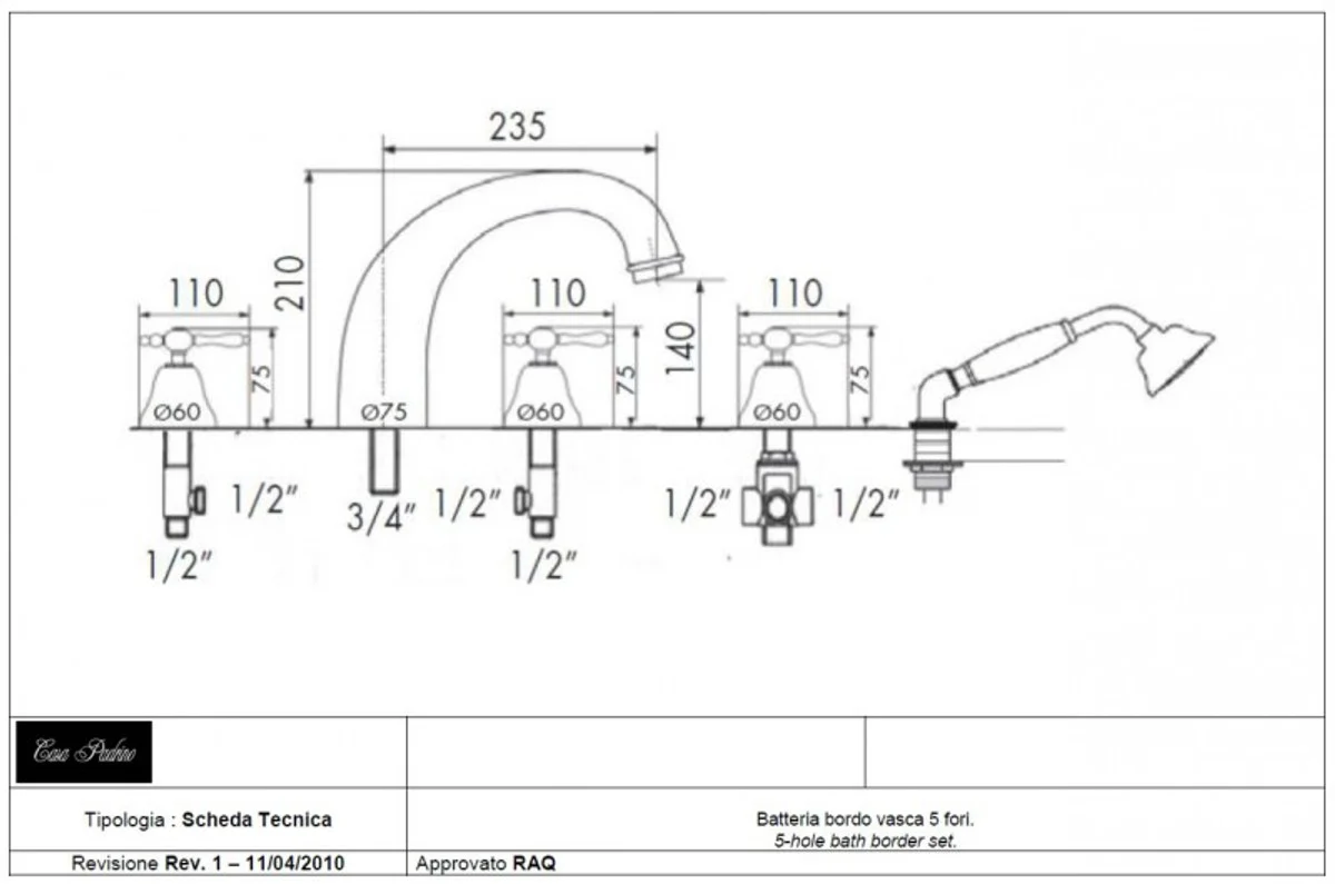 Luxury bathroom accessories - Art Nouveau retro 5 hole bath combination chrome series Milano - Made in Italy - nostalgic antique style
