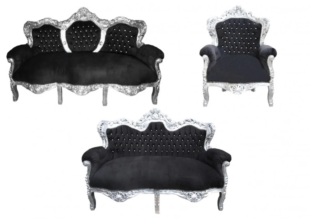 Baroque living room set King black / silver - 3-seater sofa + 2-seater sofa + 1 armchair