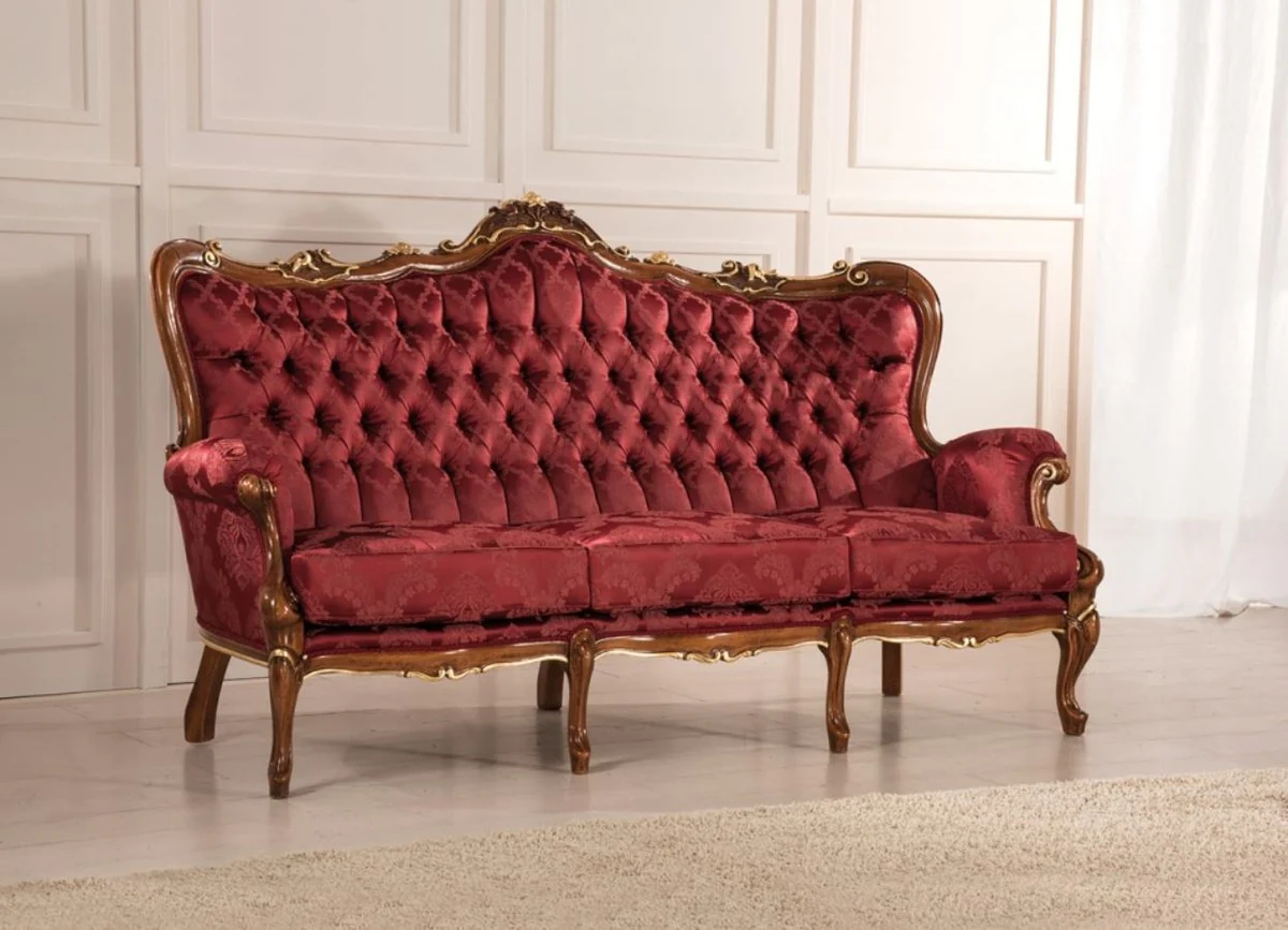 Luxury baroque living room sofa with elegant pattern burgundy red / brown / gold 200 x 90 x H. 115 cm - baroque style living room furniture - noble & magnificent