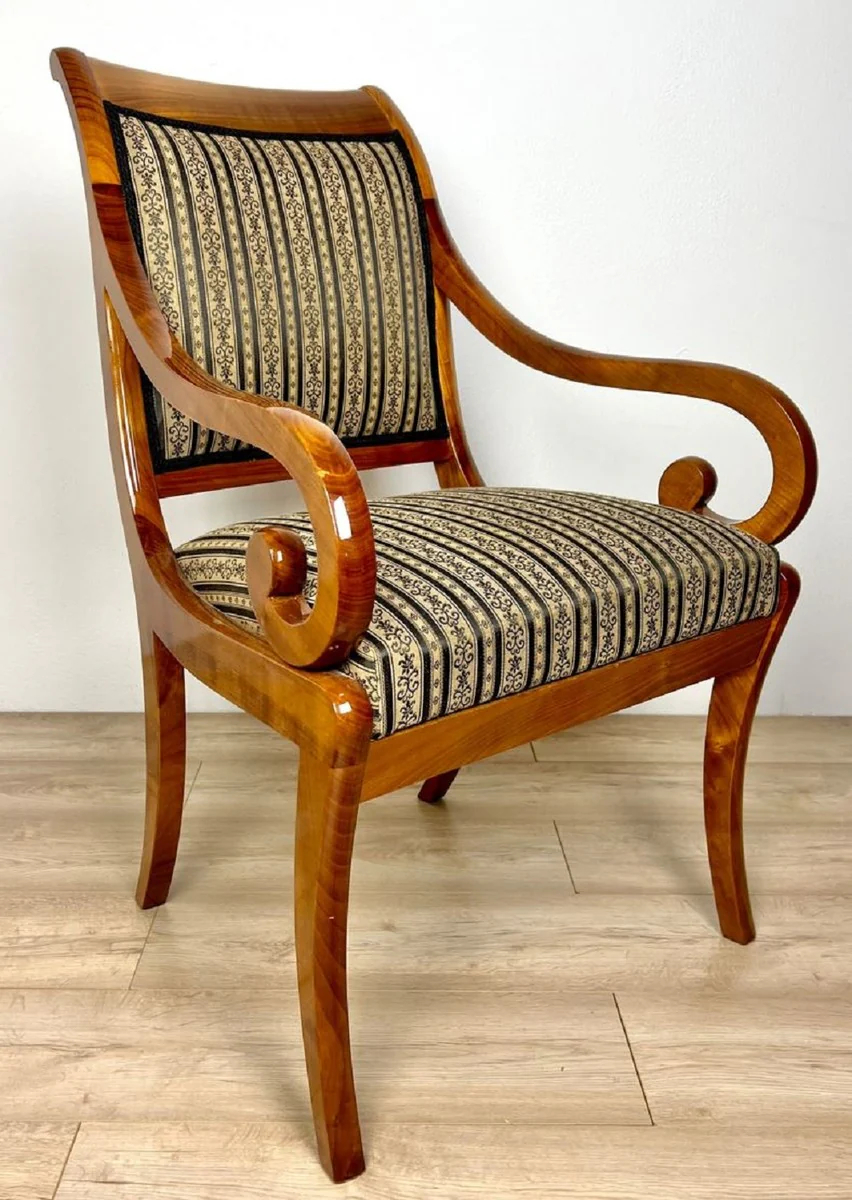 Luxury Biedermeier dining room chair with armrests and stripes brown / beige / black 60 x H. 95 cm - Solid wood kitchen chair - Solid wood dining room furniture - Biedermeier dining room furniture