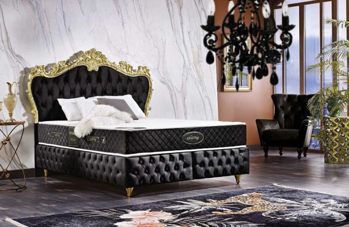 Baroque double bed black / gold - magnificent velvet bed with mattress - complete set - baroque bedroom furniture