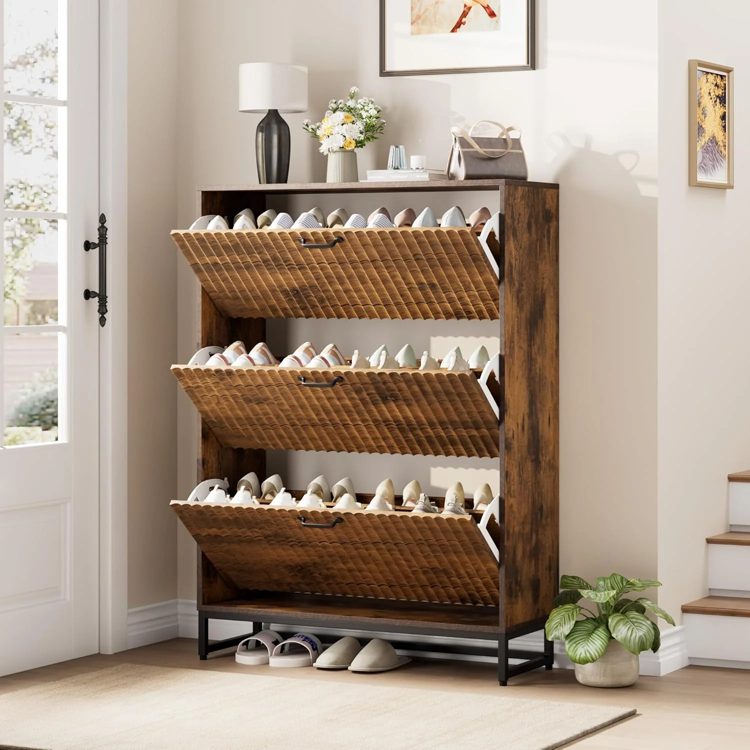 Nicetree Shoe Cabinet with 2 Flip Drawers Freestanding Shoe Storage Cabinet Narrow Shoe Cabinet