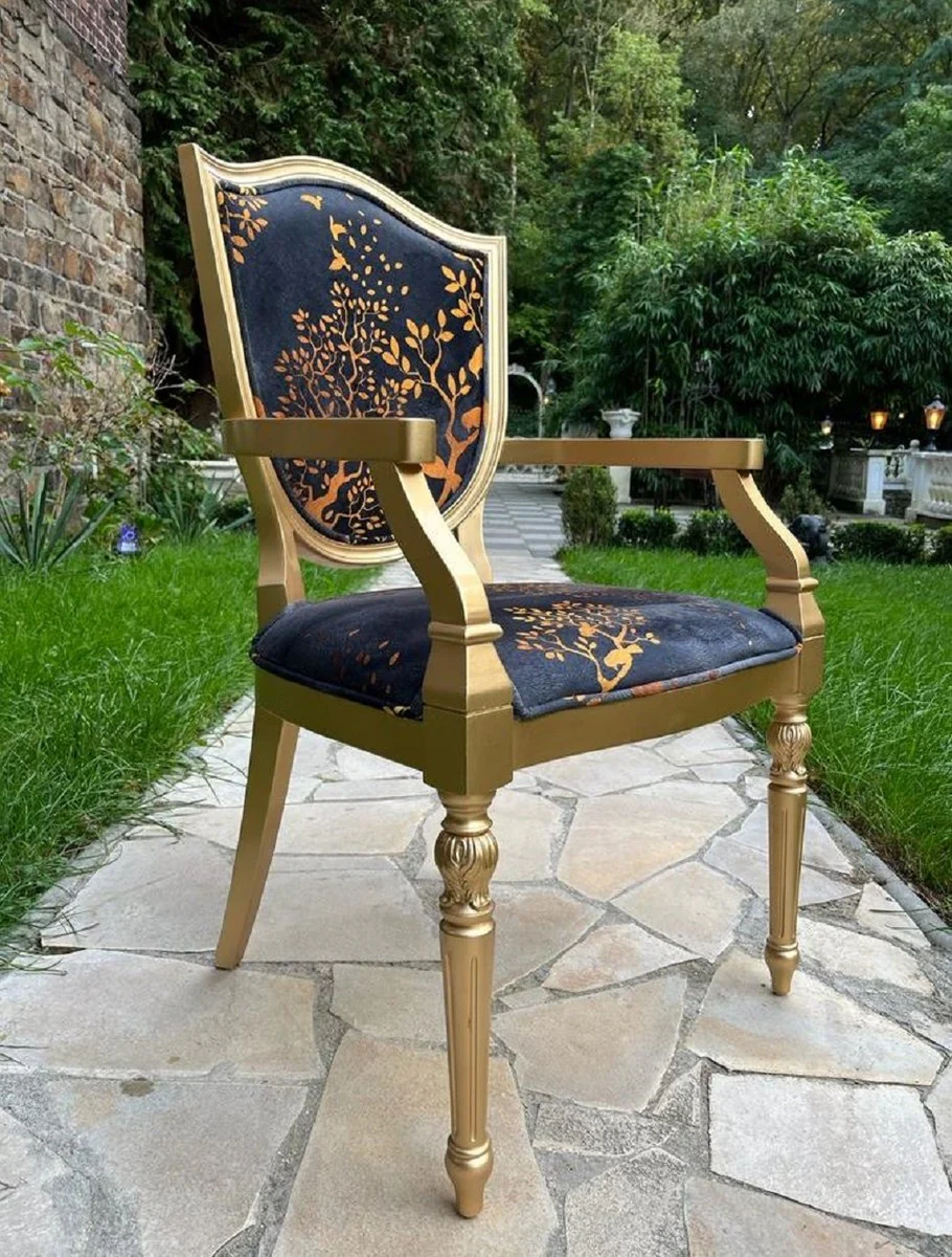 Luxury Art Deco Dining Room Chair Black / Gold - Elegant Solid Wood Chair with Armrests - Art Deco Dining Room Furniture