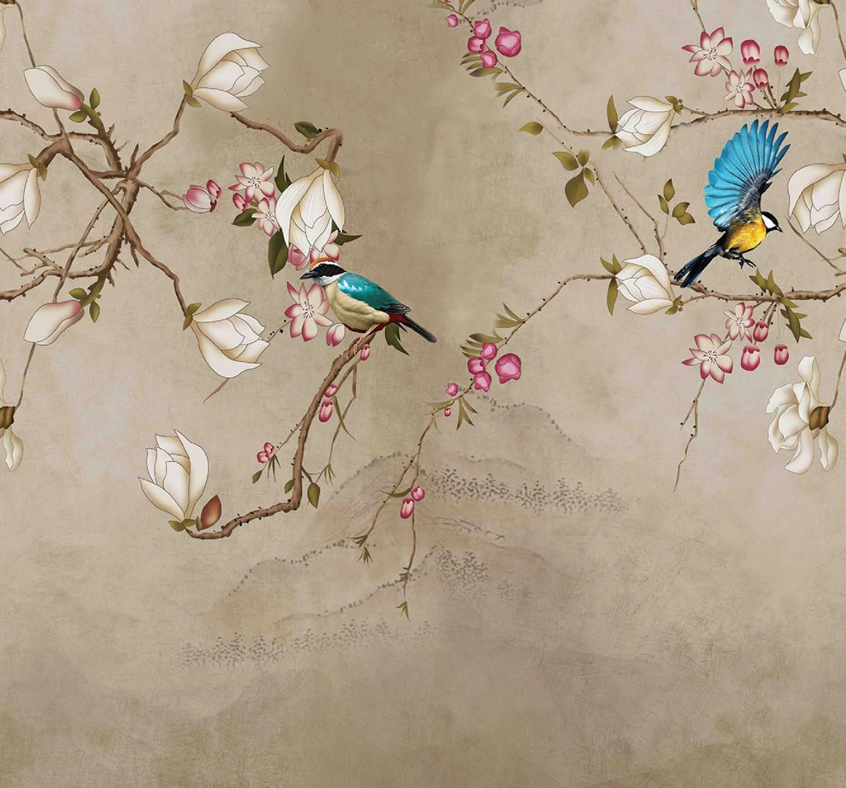 Luxury curtain set birds beige / multicolored 250 x H. 290 cm - printed linen & velvet curtains - eyelet curtains - sliding curtains - luxury quality