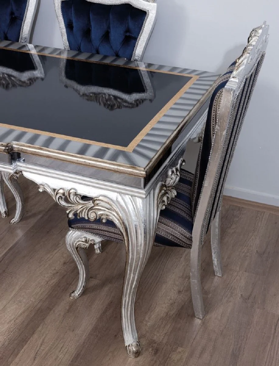 Luxury Baroque Dining Room Set Blue / Silver - 1 Dining Table & 6 Dining Chairs - Handcrafted Baroque Dining Room Furniture