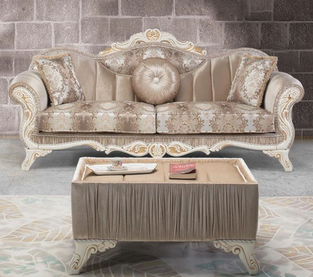 Luxury Baroque side table beige / white / gold 91 x 63 x H. 42 cm - Baroque living room furniture