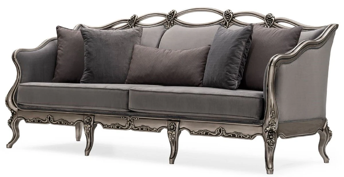 Luxury Baroque Living Room Sofa Gray / Silver - Handmade Baroque Style Sofa with Decorative Pillows - Luxury Living Room Furniture in Baroque Style - Baroque Furniture - Noble & Magnificent