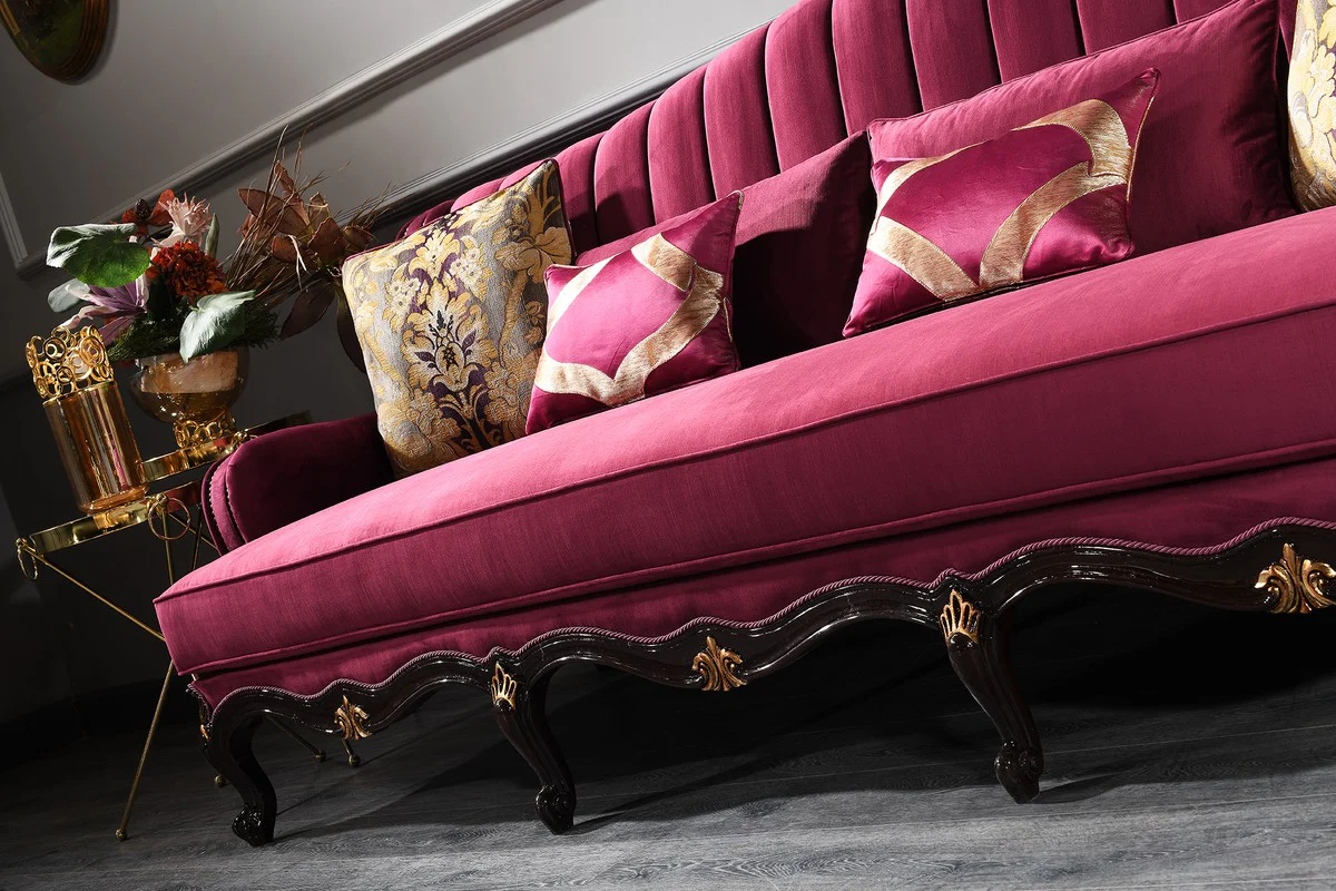 Luxury baroque sofa purple / black / gold 242 x 103 x H. 90 cm - magnificent living room sofa - baroque furniture