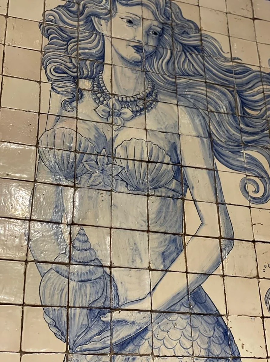 Luxury baroque wall painting mermaid cream / blue H. 280 cm - baroque wall decoration