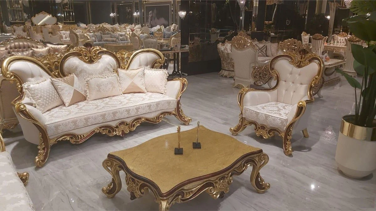 Luxury Baroque Sofa Cream / Brown / Gold - Magnificent Living Room Sofa with Pattern - Baroque Furniture - Noble & Magnificent