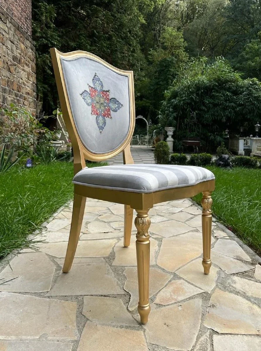 Luxury Art Deco Dining Room Chair with Design and Stripes Gray / White / Multicolor / Gold - Elegant Solid Wood Chair - Art Deco Dining Room Furniture