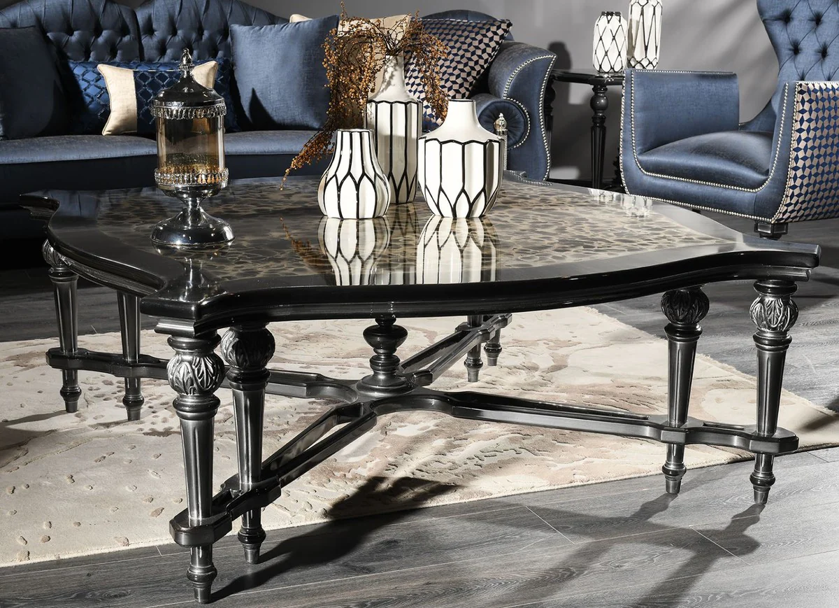 Luxury baroque coffee table black / beige / silver 126 x 126 x H. 50 cm - living room furniture in the baroque style