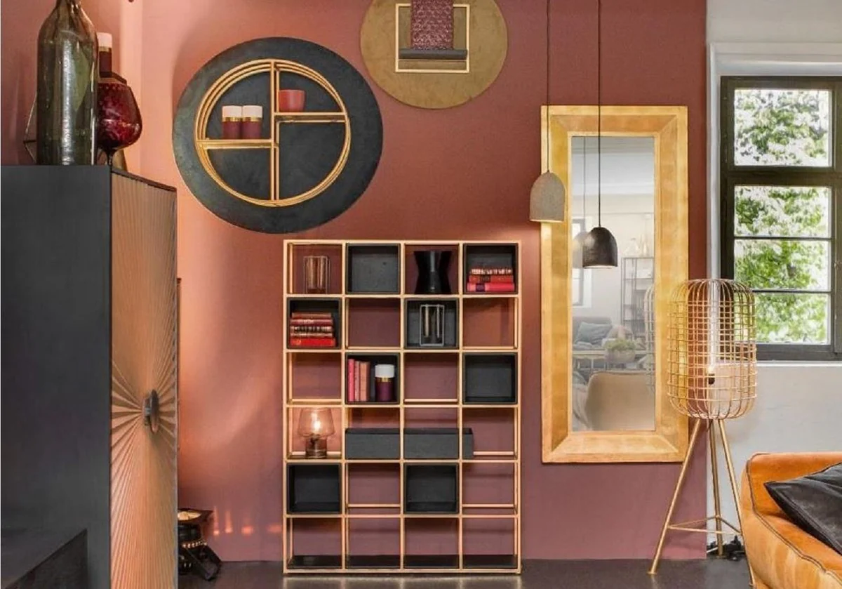 Luxury metal shelf cabinet with wooden compartments brass / black H. 160 cm