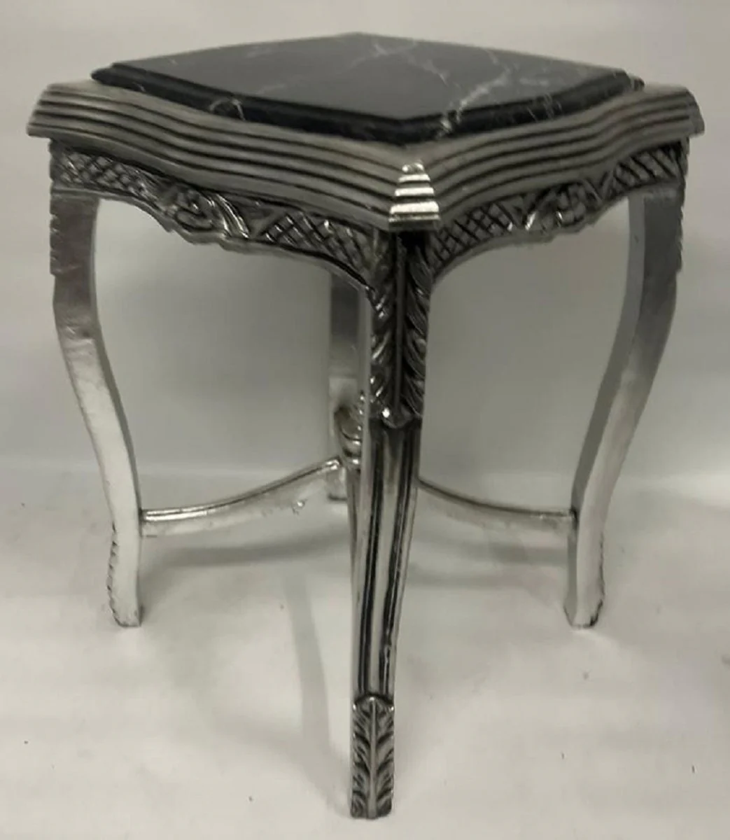 Baroque side table silver / black - handmade antique style solid wood table with marble top - living room furniture in baroque style - antique style furniture - baroque furniture