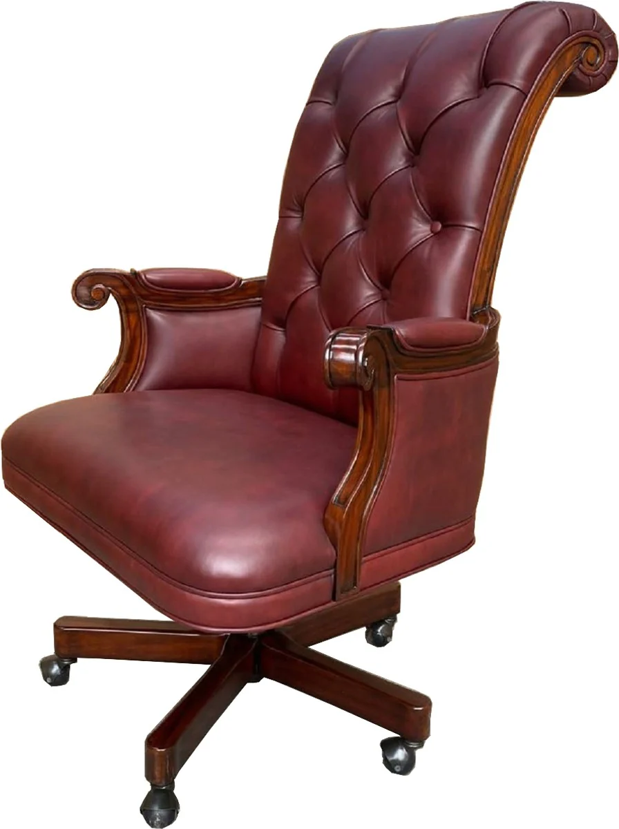 Luxury Chesterfield leather office chair Bordeaux red / dark brown 71 x 76 x H. 114 cm - Height-adjustable real leather desk chair - Chesterfield furniture - Real leather furniture - Luxury furniture