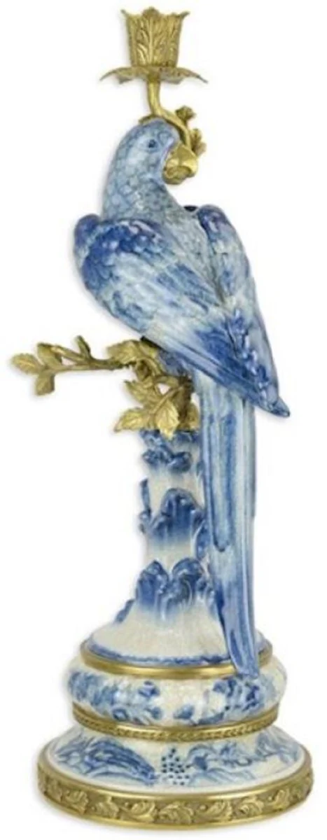 Art Nouveau candle holder set parrots blue / white / gold 22.1 x 18.6 x H. 49.4 cm - Porcelain candlesticks - Hotel & Restaurant Accessories - Baroque & Art Nouveau decorative accessories
