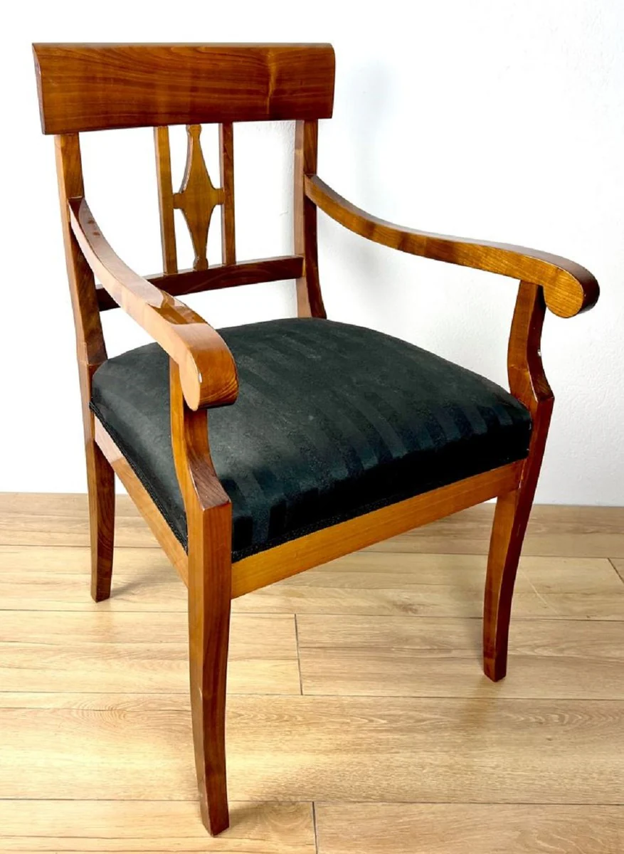 Luxury Biedermeier dining room chair with armrests and stripes brown / black 59 x H. 94 cm - Solid wood kitchen chair - Solid wood dining room furniture - Biedermeier dining room furniture