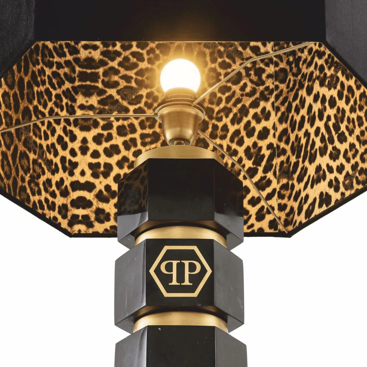 Philipp Plein luxury marble table lamp H. 76 cm black / brass / leopard - luxury quality