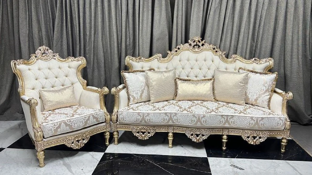 Luxury Baroque Living Room Sofa Cream / White / Gold 230 cm - Baroque Living Room Furniture