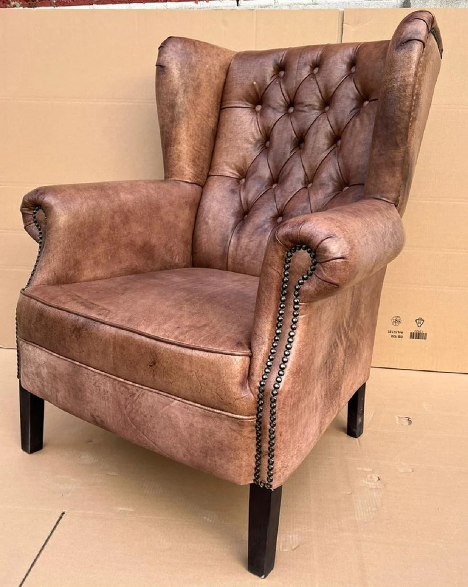 Luxury genuine leather Chesterfield wing chair vintage brown / black living room armchair leather