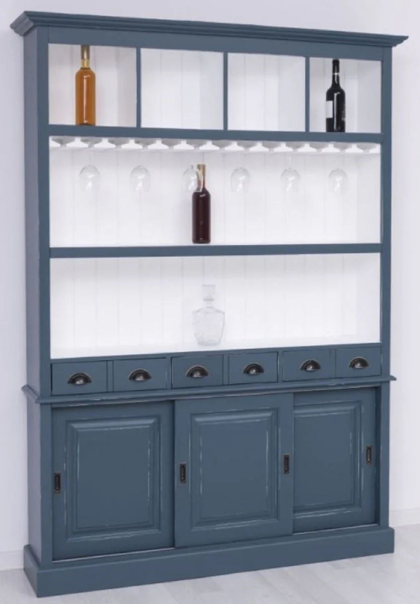 Country house style solid wood bar cabinet antique blue / white 151 x 36 x H. 210 cm - Solid wood wine cabinet in country house style - Solid wood bar furniture - Country house style bar furniture
