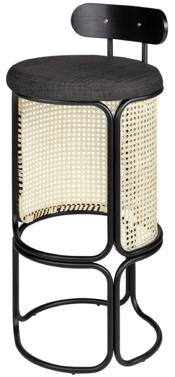 Designer bar chair with backrest black / natural color Ø 40.5 x H. 90 cm - Round padded bar stool with elegant rattan weave and powder-coated steel frame