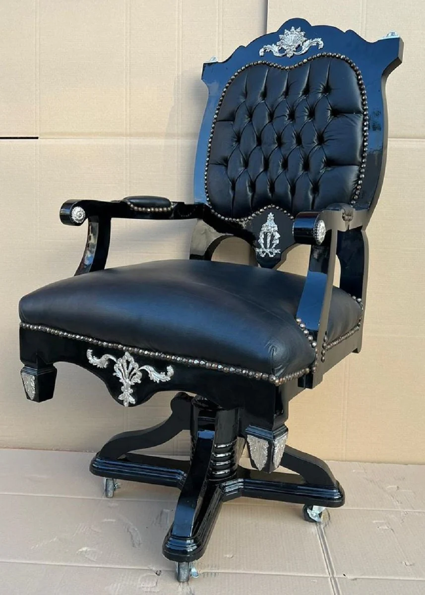 Baroque desk chair black / silver - height-adjustable baroque style office chair with elegant faux leather - baroque office furniture - noble and magnificent
