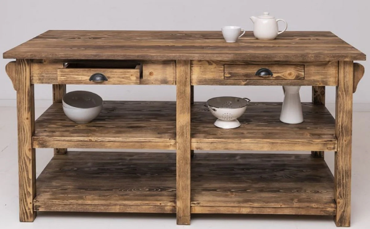 Country house style kitchen island brown 180 x 85 x H. 90 cm - solid wood kitchen island with 4 drawers - dining room furniture - kitchen furniture - country house style furniture