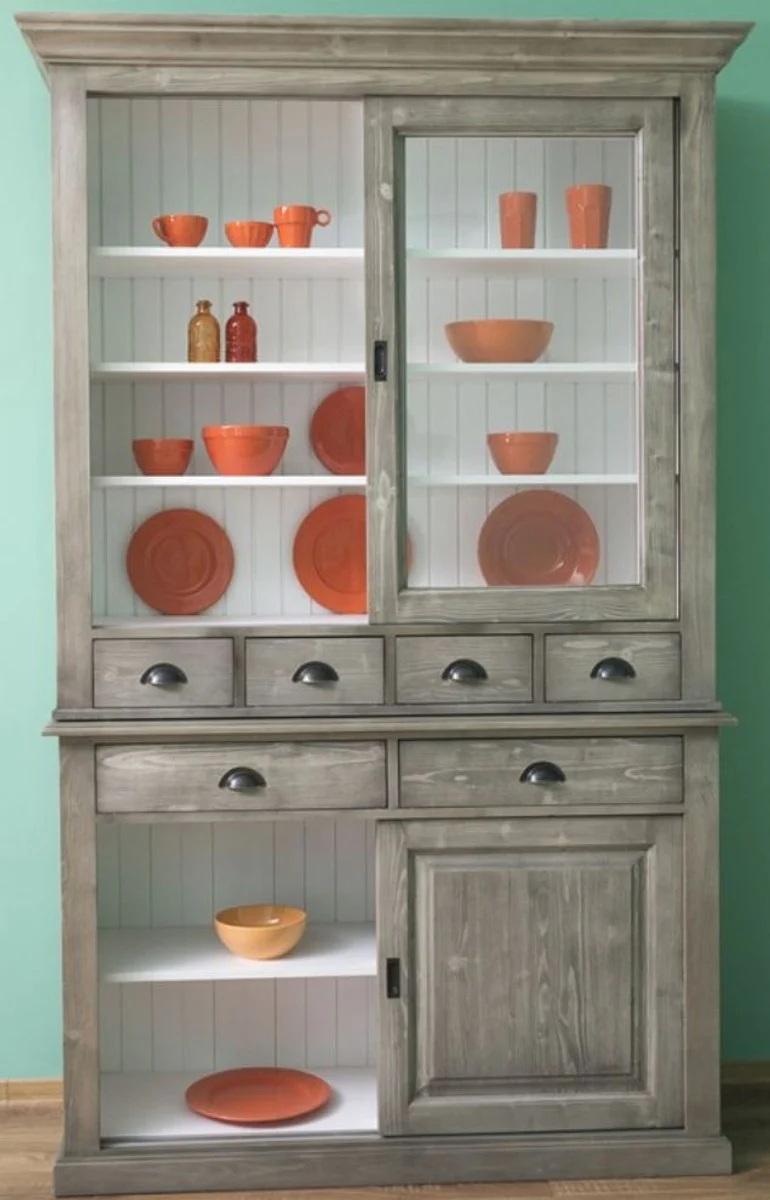 Country house style kitchen cabinet gray / white 142 x 48 x H. 225 cm - 2-part cabinet with 4 sliding doors and 6 drawers - country house style kitchen furniture