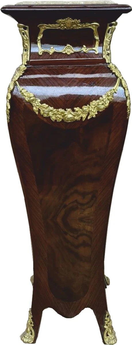 Baroque solid wood column with marble top dark brown / gold / cream H. 122 cm