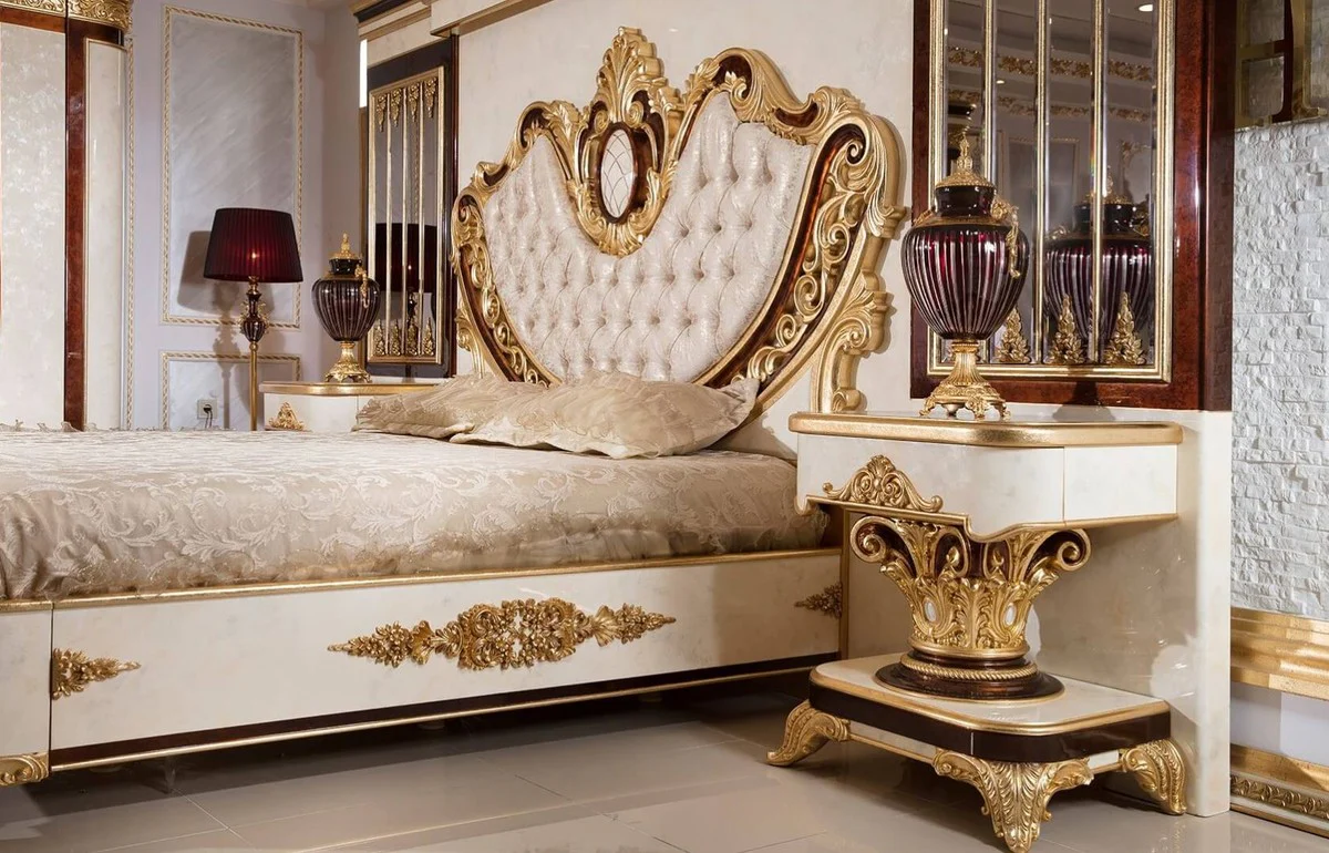 Luxury baroque bedroom set gold / white / brown / gold - 1 double bed with headboard & 2 bedside chests - bedroom furniture in baroque style - noble and magnificent