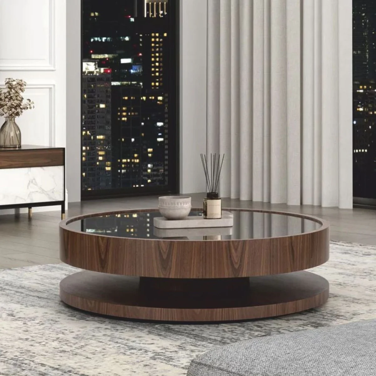 Luxury coffee table with glass top brown Ø 120 cm - living room furniture