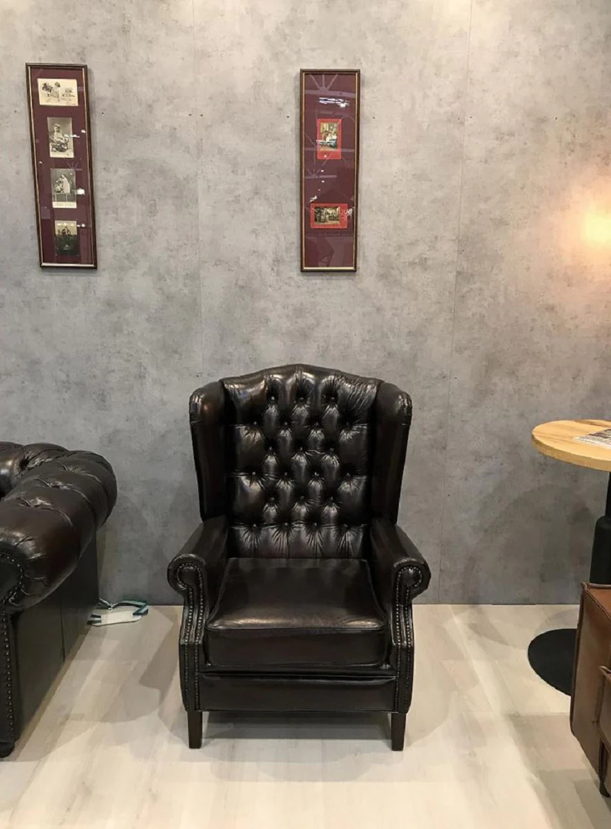 Luxury Chesterfield Leather Wing Chair Black - Chesterfield Real Leather Living Room Armchair - Living Room Furniture - Chesterfield Furniture - Real Leather Furniture - Luxury Furniture - Luxury Furnishings