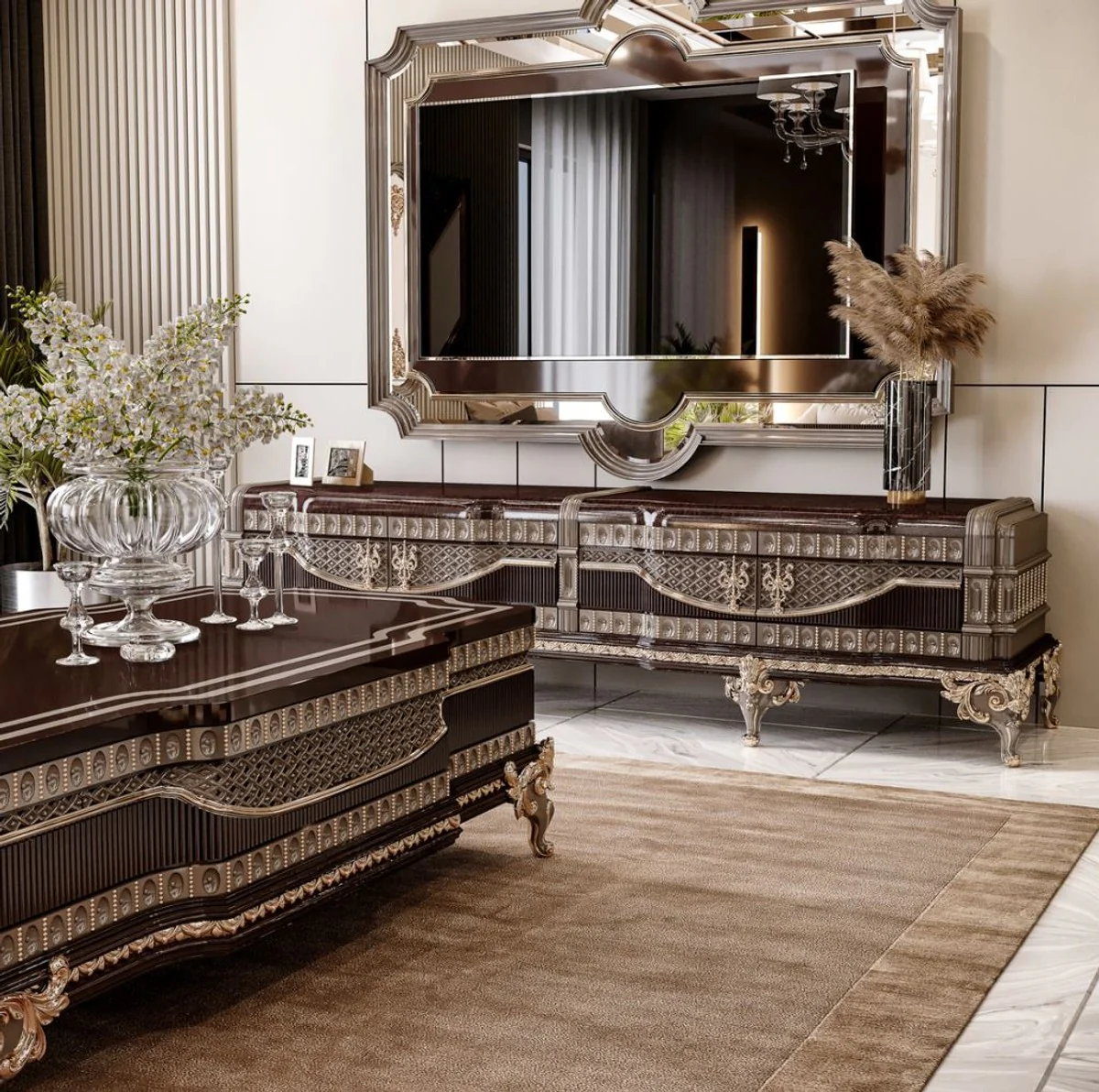 Luxury baroque coffee table dark brown / gray / gold 156 cm