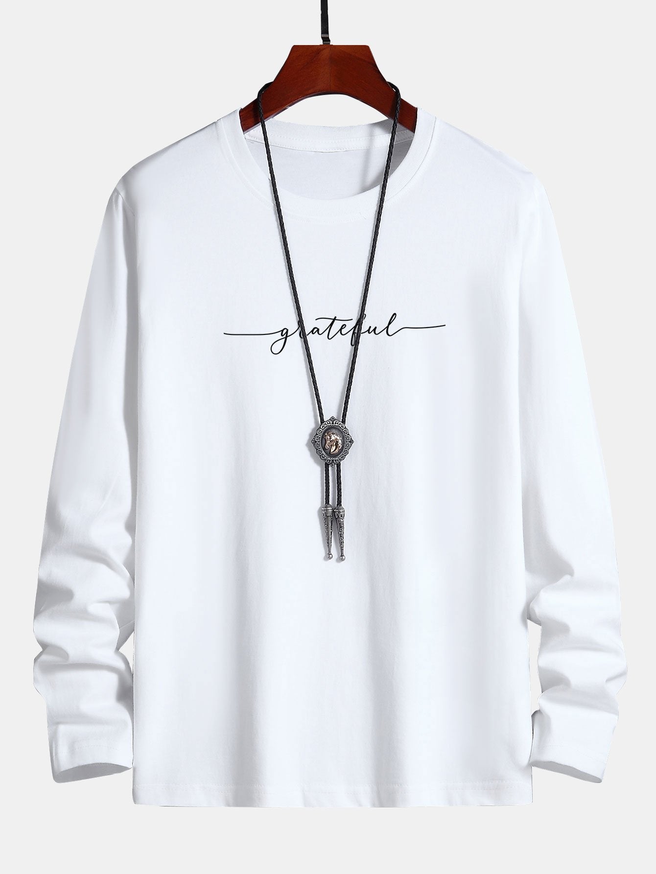 Long Sleeve Grateful Print Cotton T-Shirt
