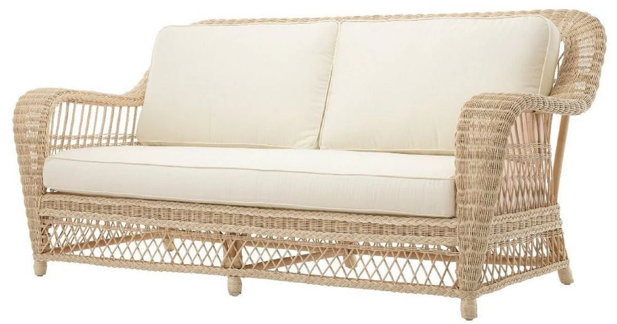 Luxury living room sofa with cushions natural / cream 202 x 99 x H. 97 cm - Upholstered couch with hand-woven rattan weave