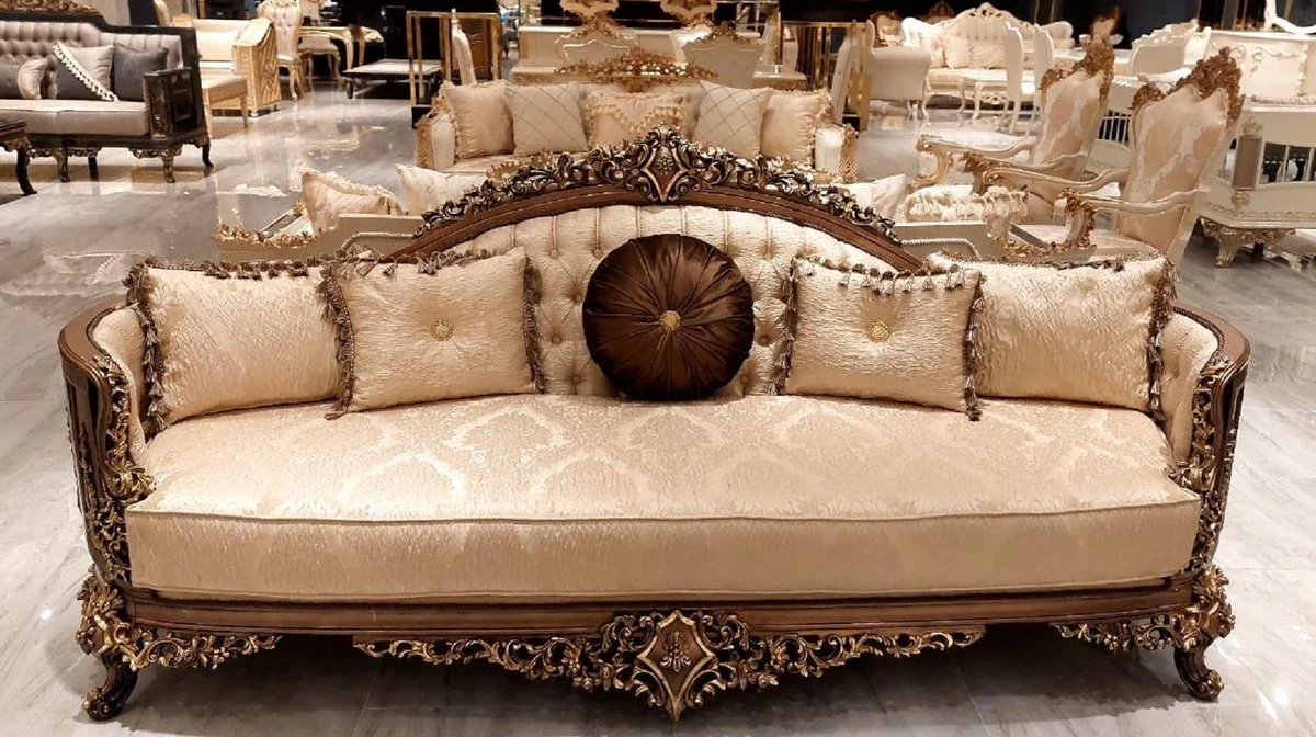 Luxury Baroque Living Room Set Gold / Brown / Gold - 2 Baroque Sofas & 2 Baroque Armchairs & 1 Baroque Coffee Table - Luxury Living Room Furniture in Baroque Style - Baroque Furniture - Noble & Magnificent