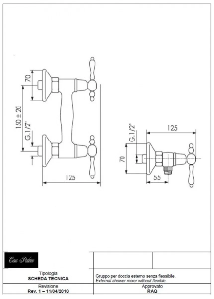 Luxury bathroom accessories - Art Nouveau retro shower mixer without flexible connection hose - fitting for bathtub - chrome - Milano series - Made in Italy