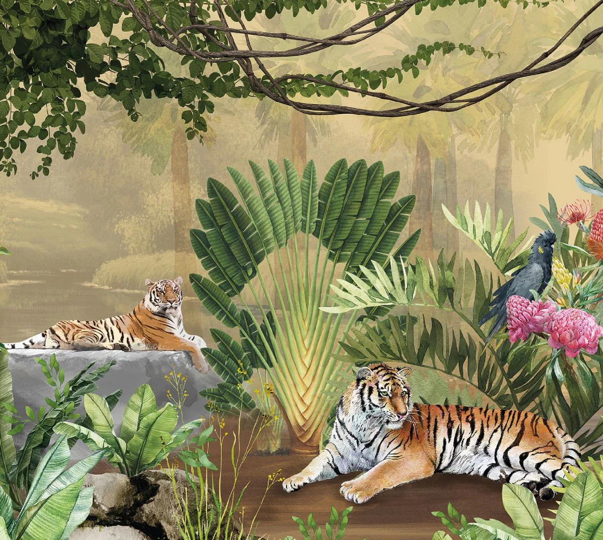 Luxury Curtain Set Jungle & Tiger Multicolored 250 x H. 290 cm - Printed Linen & Velvet Curtains - Eyelet Curtains - Sliding Curtains - Living Room Bedroom Curtains