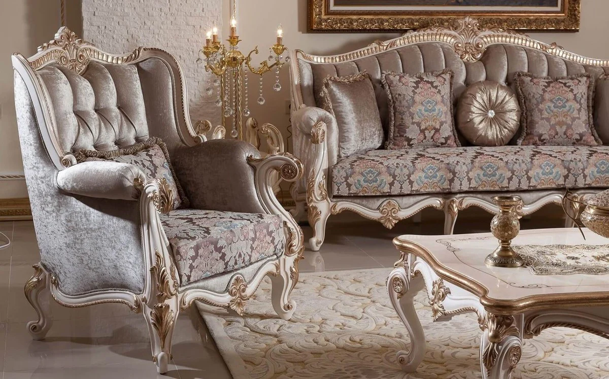 Luxury Baroque Sofa Brown / White / Gold 245 cm