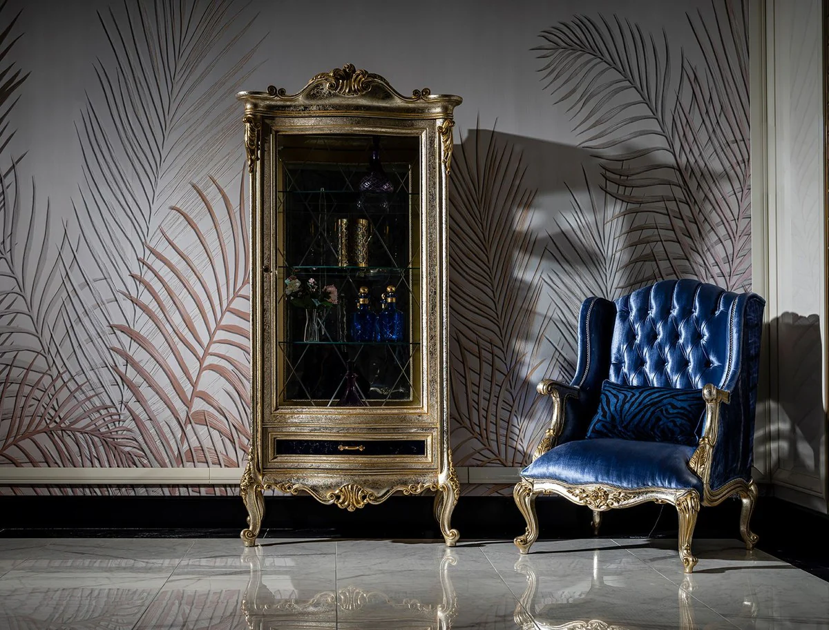 Luxury baroque display cabinet silver / black / gold - magnificent baroque style display cabinet with glass door and drawer - handmade baroque furniture - noble and magnificent