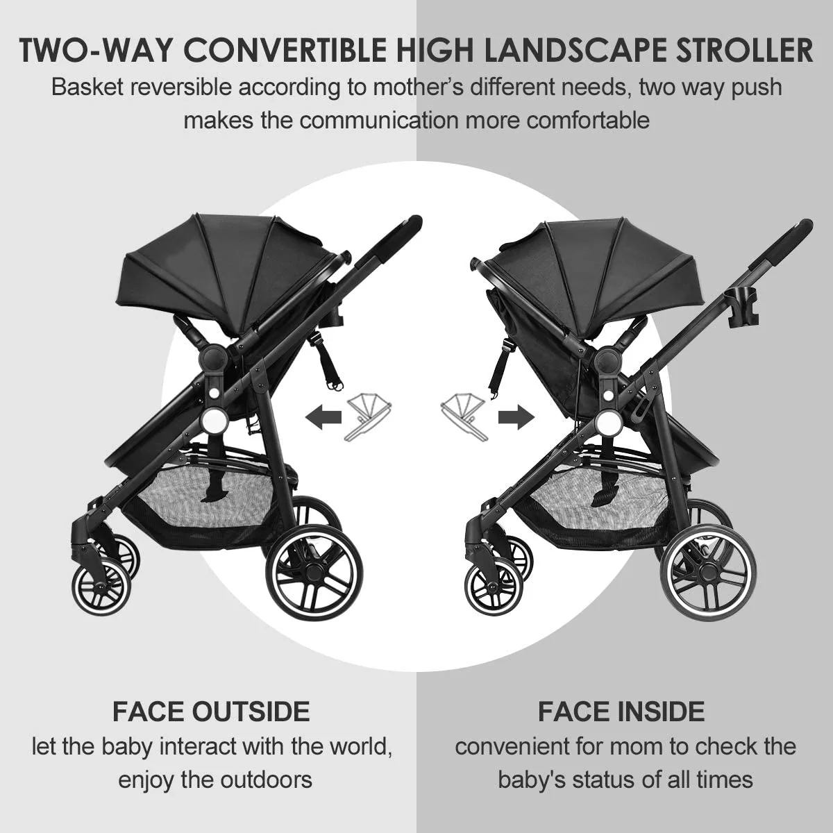 Stroller, Portrait Stroller and Reversible Bassinet, Foldable Stroller with Adjustable Canopy, Cup Holder, Storage Basket, Suspension Wheels (Black)