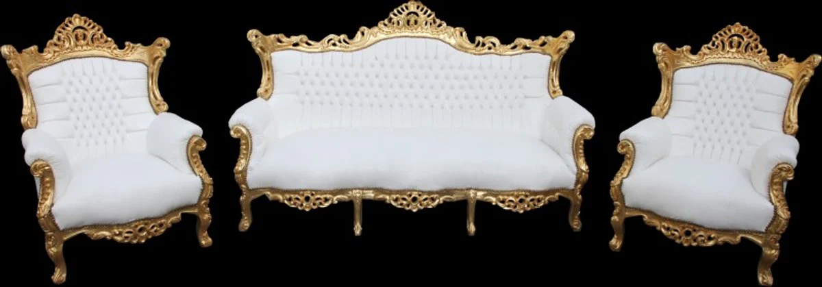 Baroque living room set Master white/gold leather look - 3-seater sofa + 2 armchairs