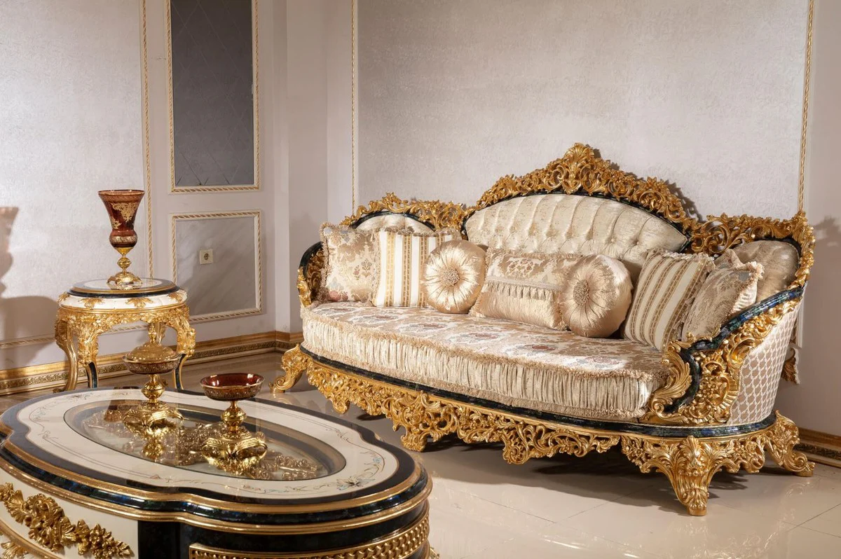 Luxury Baroque Living Room Set Gold / White / Blue / Gold - 2 Sofas & 2 Armchairs & 1 Coffee Table & 2 Side Tables - Handcrafted Living Room Furniture in Baroque Style - Noble & Magnificent